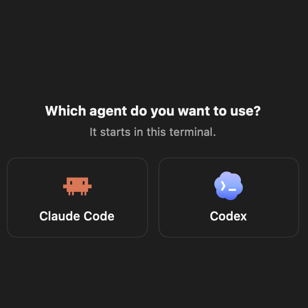 The Agent panel asking which agent to use: Claude Code or Codex